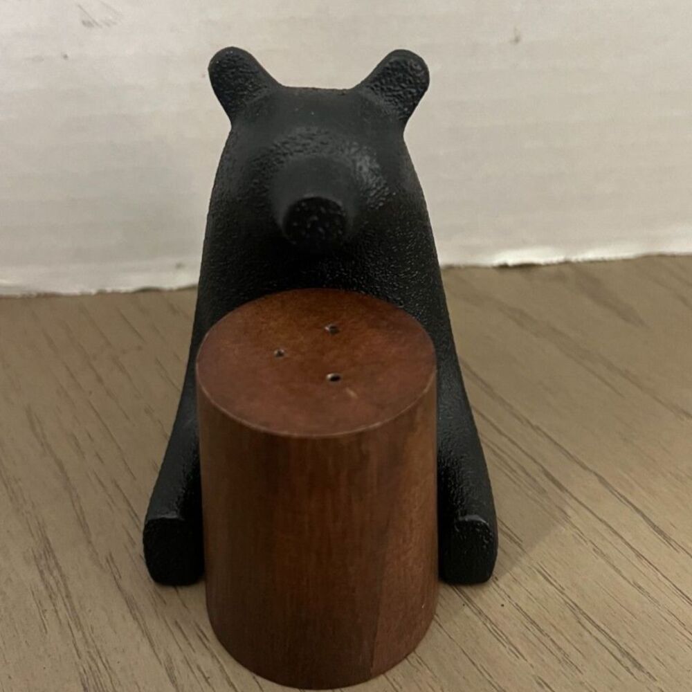 West Elm Bear Salt & Pepper Shakers Cast Iron & Wood New